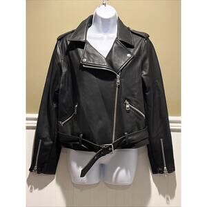 Calvin Klein Womens Faux Leather Jacket Medium Black Zip Sleeves Moto Punk Goth